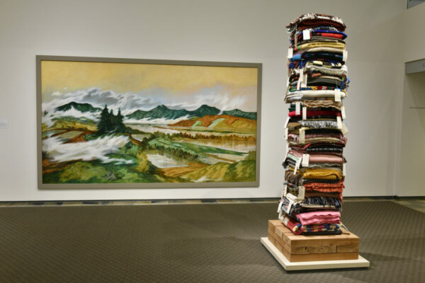The Hallie Ford show includes a 12-foot panel from Carl Hall's largest painting, "Willamette River in the Environs of Salem" (1948) and "Blanket Stories: First Teachers, Wallamet, Crow's Shadow" (2014) by Marie Watt (Seneca).